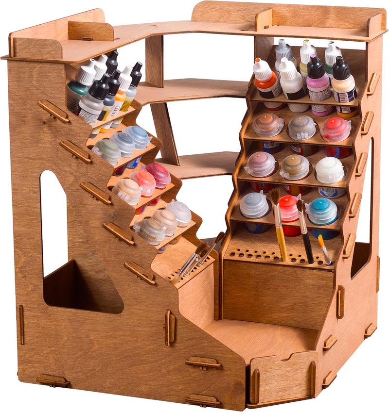 Plydolex Plywood Corner Model Paint Organizer - 32 Bottle & 46 Brush Slots Rack, 3 Shelves, 6 Stands & a Photo-Shooting Scene - Suits Tamiya, Vallejo, Citadel Paints - Works for Warhammer 40K, DnD - Image 1